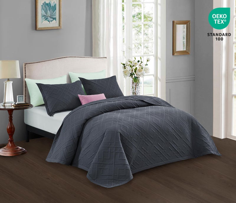 CHIXIN Quilt King Size - Geometric Pattern Bedspread Coverlet Set - Modern & Contemporary Style Bedding Cover, Ultrasonic Quilting, Reversible, Lightweight, 4 Piece, Dark Grey - Image 2